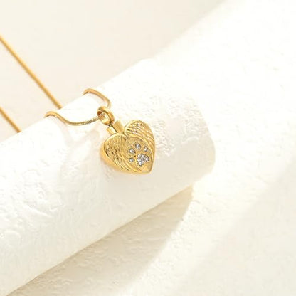 Heart Paw Print Urn Necklace for Ashes for Pet Stainless Steel Pendant - color: Gold