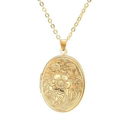 Vintage Engraved Flower Empaistic Photo Locket Pendant Necklaces Dainty Gold Silver Oval Round Heart Locket Hold Photo Picture Clavicle Chain Necklace for Women Men Souvenir Memorial Jewelry - style: Gold A