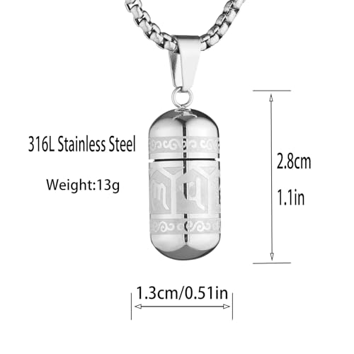 Tibetan Buddhist Meditation Stainless Steel Pendant Memorial Cremation Ash Pill Container Necklace 23.6+1.96" Chain - color: Silver