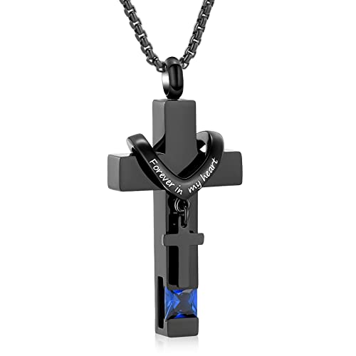 Oinsi Black Cross Urn Necklace For Ashes Of Loved Ones With Birthstone Always In My Heart Cremation Jewelry Keepsake Pendant Women Men - color: Dark Blue Stone