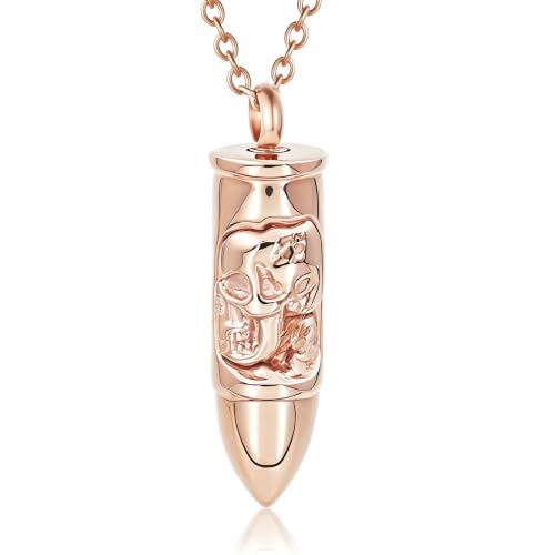 SIYUU Skull Bullet Urn Necklace for Ashes Stainless Steel Punk Cremation Keepsake Jewelry for Men Skeleton Bullet Urn Pendant Necklace Personalized Gothic Skull Bullet Memorial Jewelry - color: Rose Gold