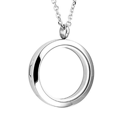 Zysta Silver Round Locket Pendant Necklace 30mm Glossy Stainless Steel Clear Glass Living Memory Floating Charms Stone Storage - color: Silver-Glossy-30mm