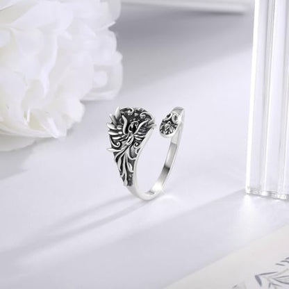 Rising Phoenix Spoon Ring Adjustable 925 Sterling Silver Rise from the Ashes Lotus Jewelry Gifts for Women