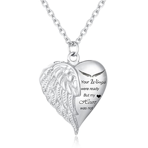 Heart Cremation Urn Necklace Human Ashes Jewelry for Women Men Engraved Your Wings were Ready but My Heart was Not Angel Wings Memorial Pendant Necklace Gift for Family Members - color: Silver