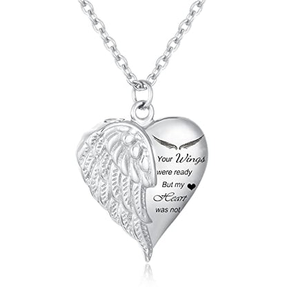 Heart Cremation Urn Necklace Human Ashes Jewelry for Women Men Engraved Your Wings were Ready but My Heart was Not Angel Wings Memorial Pendant Necklace Gift for Family Members - color: Silver