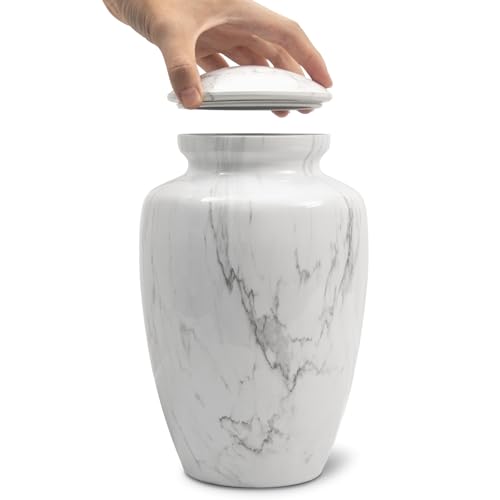 White Marble Finish Urn for Ashes Adult Male Female | Large Cremation Urn for Human Ashes Men and Women,Memorial Urn for Dad/Father/Grandpa/Brother(Includes Velvet Bag) - size: Large,White Marble Finish