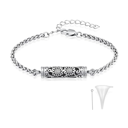 constantlife Cremation Bracelet for Ashes for Women Stainless Steel Sunflower Cylinder Urn Adjustable Link Bangle Memorial Jewelry Loved Ones Ashes Holder Keepsake - color: Silver