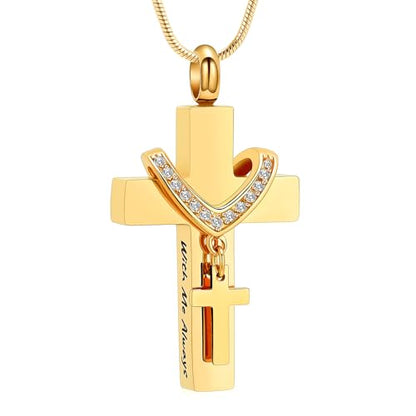 Cross Cremation Jewelry Urn Necklace for Human Ashes for Women Men With Me Always Memorial Ashes Keepsake Pendant - color: Gold