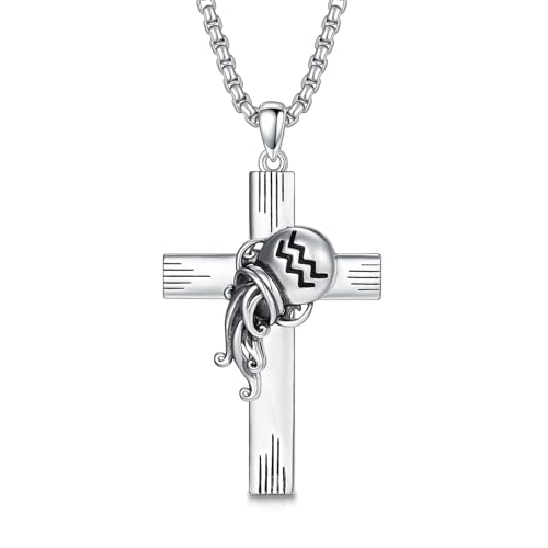 PROESS Cross Necklace for Women Men Sterling Silver Rose/Sunflower Cross Pendant Religious Jewelry Christmas Birthday Mothers' Day Gifts - color: 01-07-Aquarius