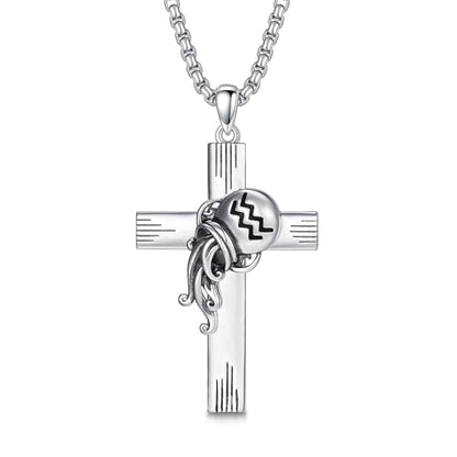 PROESS Cross Necklace for Women Men Sterling Silver Rose/Sunflower Cross Pendant Religious Jewelry Christmas Birthday Mothers' Day Gifts - color: 01-07-Aquarius