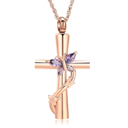 shajwo Butterfly Cross Urn Necklaces for Ashes for Women Men - color: Rose Gold-Purple