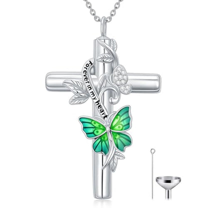 SOULMEET Enamel Butterfly Cross Urn Necklace for Ashes, Cross Moissanite Butterfly Ashes Necklaces with Forever in My Heart Engraved Keepsake Cremation Locket Jewelry for Women Men - color: D-Green, style: Non Custom