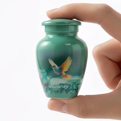 Small Keepsake Cremation Urn for Ashes - Beautiful Mini Memorial Urn with Velvet Box & Bag - color: Green
