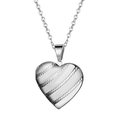 OIDEA Locket Necklace for Women: Gold Photo Lockets that Hold Picture Stainless Steel Necklace with Picture Inside Birthday Mothers Day Jewelry Gifts for Womens - color: stripes heart - silver