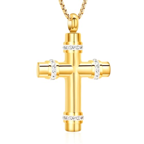 Urn Necklaces for Ashes Cross Cremation Jewelry for Ashes Memorial Ash Pendant with Hollow Keepsake Jewelry Gifts for Loss of Loved One with Funnel Filler Kit - color: A-Gold
