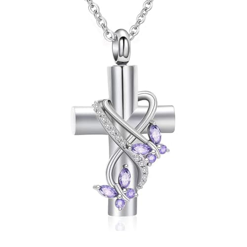 Butterfly Urn Necklace for Ashes for Women Cross Infinity Cremation Ash Pendant for Human Pet Memorial Keepsake Jewelry - color: Purple