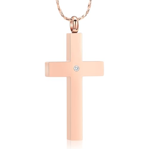 Crystal Cross Necklace for Ashes Stainless Steel Keepsake Cremation Jewelry Religious Cross Memorial Urn Necklace for Pet Human Ashes Gifts - color: Rosegold