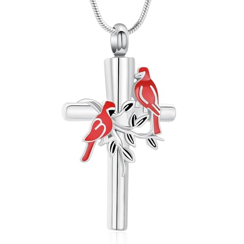 Cremation Jewelry Cardinal Cross Urn Necklace for Ashes Stainless Steel Memorial Keepsake for Human/Pet Ashes, Sympathy Gift for Loss of Loved One - style: Silver
