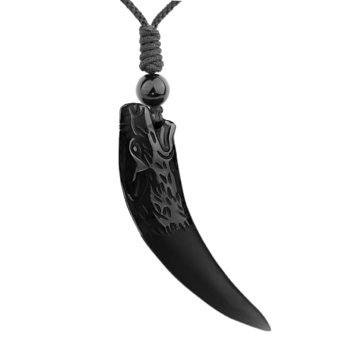 ASGIFT Black Obsidian Necklace Healing Crystal Stone Amulet Protection Pendant with Adjustable Rope Necklace Birthday Christmas Gift for Men Women - color: Wolf Tooth