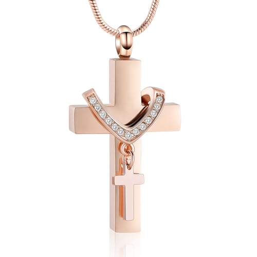Cremation Jewelry for Ashes Pendant - Cross Urn Necklace with Mini Keepsake Urn Memorial Ash Jewelry - color: RoseGold