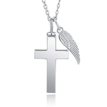 BEILIN Angel Wings Cross Cremation Urn Pendant Necklace Jewelry for Women | 925 Sterling Silver, Cross Souvenir Ashes Pendant, Cremation Jewelry for Human Pets, Memorial Keepsake, Hypoallergic