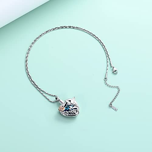 Yinplsmemory Hummingbird Cremation Jewelry Crystal Heart Urn Ashes Necklace for Women Men Memorial Keepsake Necklace of Loved One - color: Blue-Rose gold