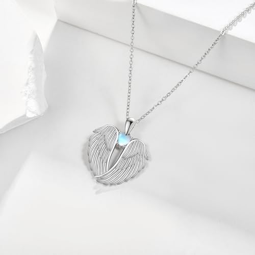 YFN Angel Wings Necklace 925 Sterling Silver Guardian Angel Wings Pendant Necklace Birthstone Necklace for Women Girls Christmas Jewelry Gifts - color: moonstone wings