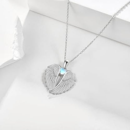 YFN Angel Wings Necklace 925 Sterling Silver Guardian Angel Wings Pendant Necklace Birthstone Necklace for Women Girls Christmas Jewelry Gifts - color: moonstone wings