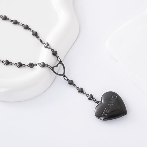 Personalized Heart Locket Necklace for Women Stainless Steel- Heart Necklace - color: Black-G