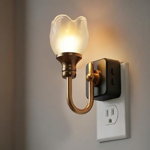 L LOHAS LED Night Lights Plug into Wall | RGB Floral Night Lights with Dusk to Dawn Sensor, 0-100lm Adjustable Brightness, for Hallway Bedroom Stairway - color: Gold Ring-Tulip-RGB, size: 1 Pack