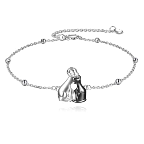 AOBOCO 925 Sterling Silver Cute Cat Kitty Bracelet Adjustable Link Chain, Cat Jewelry Gifts for Cat Lovers 7-9 inches - style: E-Black Cat and Dog