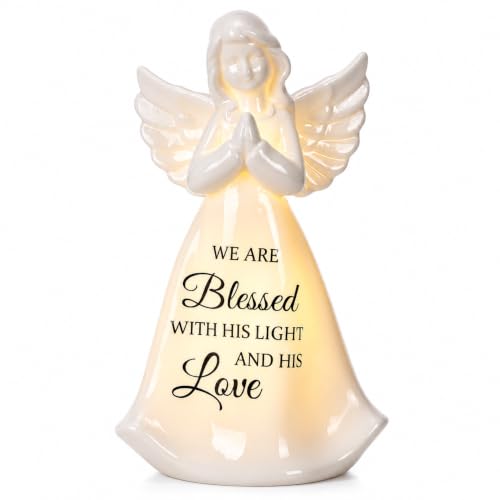 ADAVAS.Y&G Blessed Angel Figurine with LED Light, Ceramic Angel Statue, Inspirational Christian Home Decor, Faith Keepsake, Religious Decoration, Blessed with His Light and Love, Batteries Included - color: White