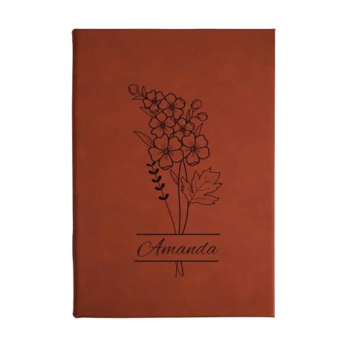 Daphne’s Curations Engraved Birth Flower Journal – Personalized Vegan Leather Notebook with Name – 112 Page Minimal Gift - color: Birth Flower Engraved