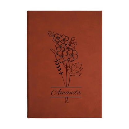 Daphne’s Curations Engraved Birth Flower Journal – Personalized Vegan Leather Notebook with Name – 112 Page Minimal Gift - color: Birth Flower Engraved