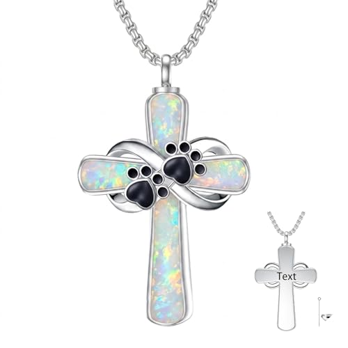 Turquoise Cross Urn Necklaces for Human Ashes 925 Sterling Silver Urn Necklaces Cremation Keepsake Memorial Pendant Necklace for Ashes for Loved One Human Pet - style: Paw Print&Black-White opal-Text