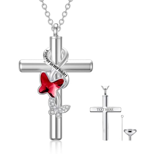 Cross Urn Necklace for Ashes 925 Sterling Silver Cremation Jewelry with Funnel Filler Kit Ashes Necklace for Human Women Girl Pets - color: A_Red Butterfly Urn Necklace, style: Personalized