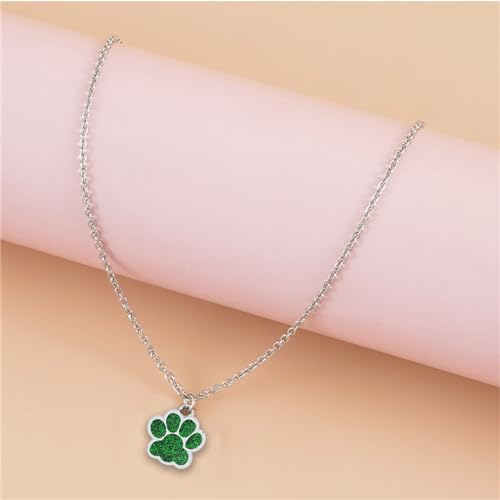 Dreuyet Paw Necklace and Earrings Set for Women Glitter Cute Dog Cat Pet Paw Print Pendant Necklace Earrings Lovely Animal Charm Jewelry Set Gifts - color: Silver Green