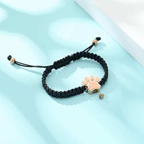 Hearbeingt Paw Print Urn Bracelet for Ashes Pet Cremation Jewelry | Stainless Steel,Adjustable Braided Rope,Mini Ash Holder for Dog Cat,Memorial Keepsake Jewelry, Bereavement Gift Pet Loss - color: B-Rose Gold