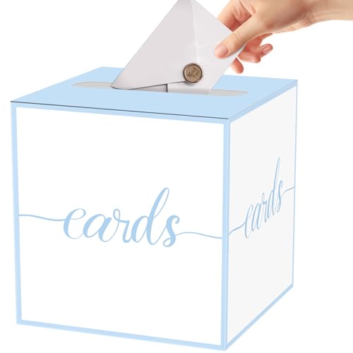 Baby Blue Card Box for Party, Baby Shower, Graduation, Birthday | Box for Cards, Envelope, Raffle Ticket, Ballot, Money Receiving; 8.7 x 8.7 x 8.7 Inch Gift Card Box for Grad Party Decoration - color: Blue Trim