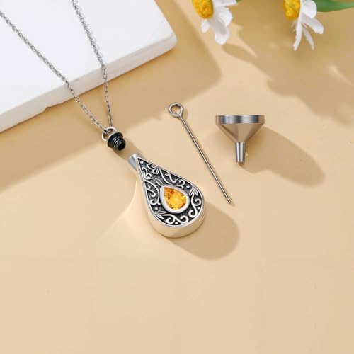 Teardrop Urn Necklace for Ashes Filigree Birthstone Keepsake Pendant Cremation Jewelry for Ashes Memorial Jewelry Gifts for Loss of a Loved One for Women - style: Nov-Citrine