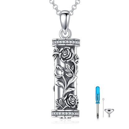 925 Sterling Silver Urn Necklace for Ashes, Teardrop/Tree of Life/Sunflower/Dragonfly/Sea Turtle/Celtic Knot/Elephant/Hummingbird Memorial Cremation Pendant Necklaces for Animal Human Ashes - color: H: Rose Flower