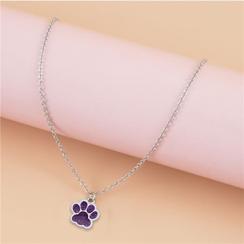Dreuyet Paw Necklace and Earrings Set for Women Glitter Cute Dog Cat Pet Paw Print Pendant Necklace Earrings Lovely Animal Charm Jewelry Set Gifts - color: Silver Purple