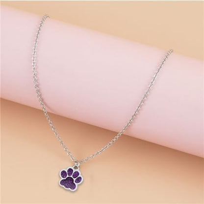 Dreuyet Paw Necklace and Earrings Set for Women Glitter Cute Dog Cat Pet Paw Print Pendant Necklace Earrings Lovely Animal Charm Jewelry Set Gifts - color: Silver Purple