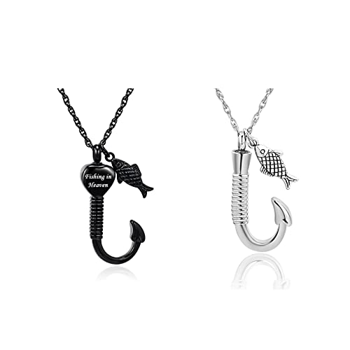 Fishing in Heaven Cremation Urn Necklace for Ashes & Fishing hook Memorial Pendant