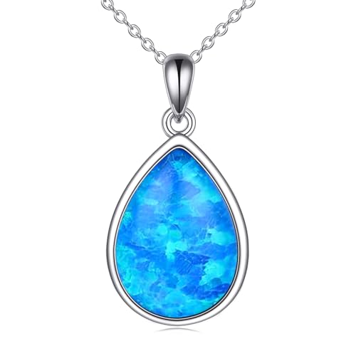 CRMAD Larimar/Opal/Lapis Lazuli/Tourmaline/Malachite/Labradorite/Turquoise/Onyx/Rose Quartz/Amber/Peridot Necklace for Women 925 Sterling Silver Teardrop Pendant Jewelry Gifts - color: blue opal