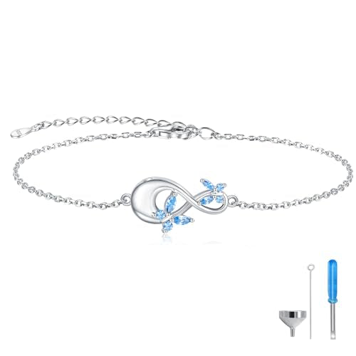 Sterling Silver Infinity Urn Bracelet for Ashes - S925 Teardrop Cubic Zirconia Cremation Keepsake Jewelry Gift for Women Loss Loved One - style: Blue CZ Butterfly