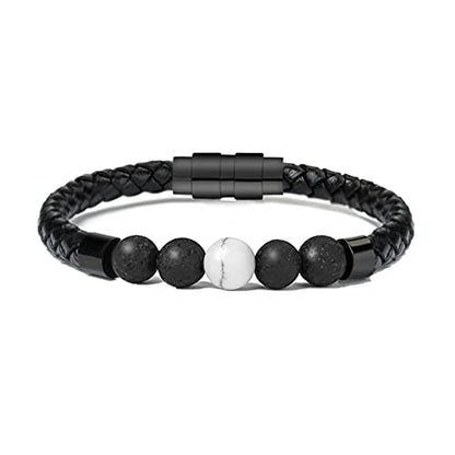 shajwo Cremation Jewelry Lava Stone Urn Bracelet for Ashes for Women Men Chakra Healing Balancing Genuine Leather Memorial Bracelets - color: Black（4 Lava Stone + 1 White Howlite）