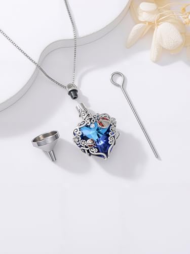 JKR Heart Urn Necklace for Ashes Crystal Keepsake Pendant Memorial Jewelry - style: Ladybug-Blue Heart