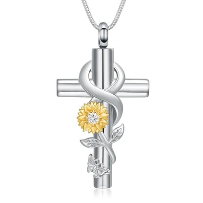 Cross Sunflower Cremation Jewelry Urn Necklaces Cross Urn Pendant Necklaces for Ashes Memorial Keepsake Pendant for Women Men Gifts With Funnel Kit & Bag - color: Gold+White