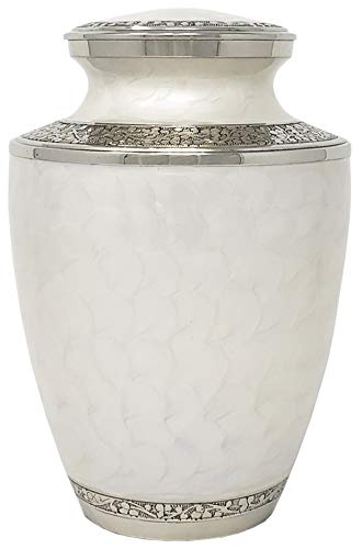 White Mother of Pearl Cremation Urn - White with Silver Accents, Adult Cremation Urn